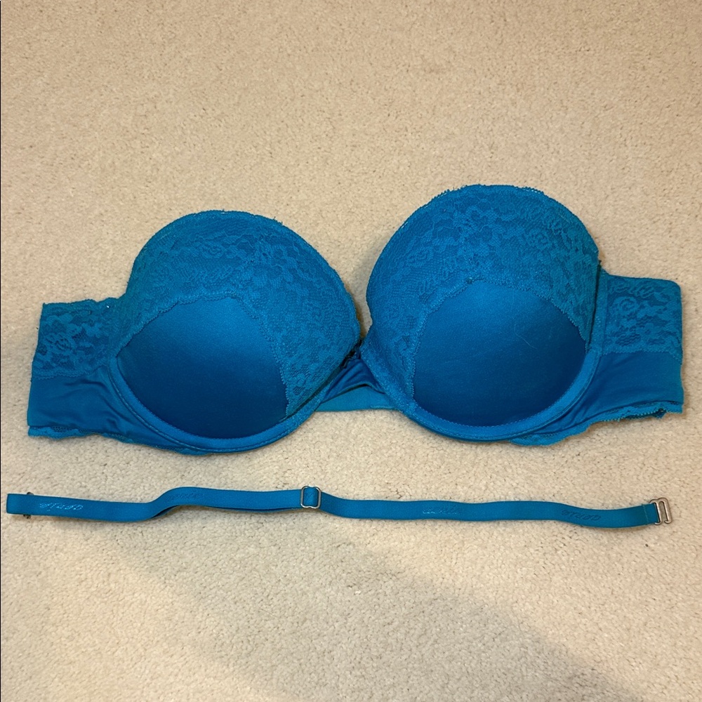Aerie Bright Blue Lace Trim Accent Strapless Push-up Bra